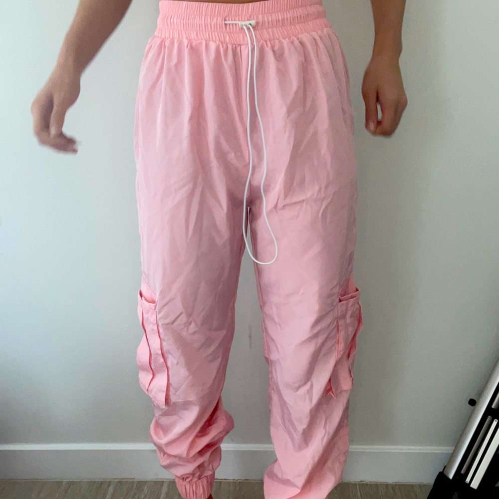 Baby pink parachute material pants